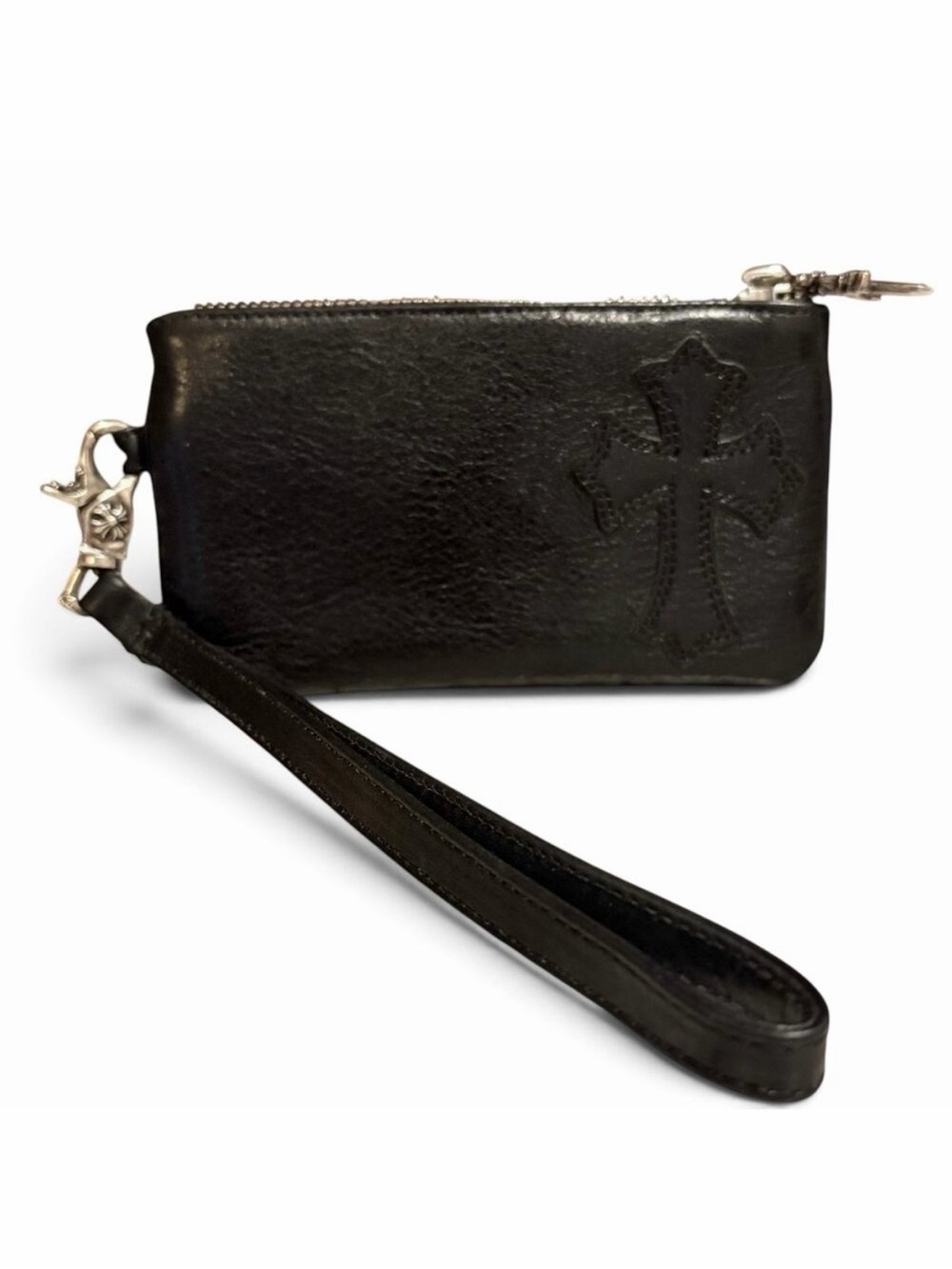 Chrome Hearts Black Leather Cross Patch Wristlet Pouch w/ Detachable Strap & COA